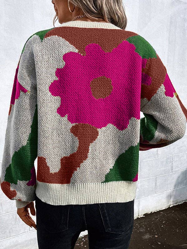 Loose Puff Sleeve Asymmetric Knitted Flower Round-Neck Sweater