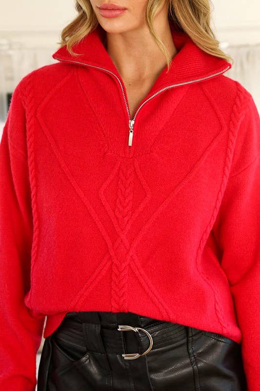 Red Textured Half Zip Pullover Sweater