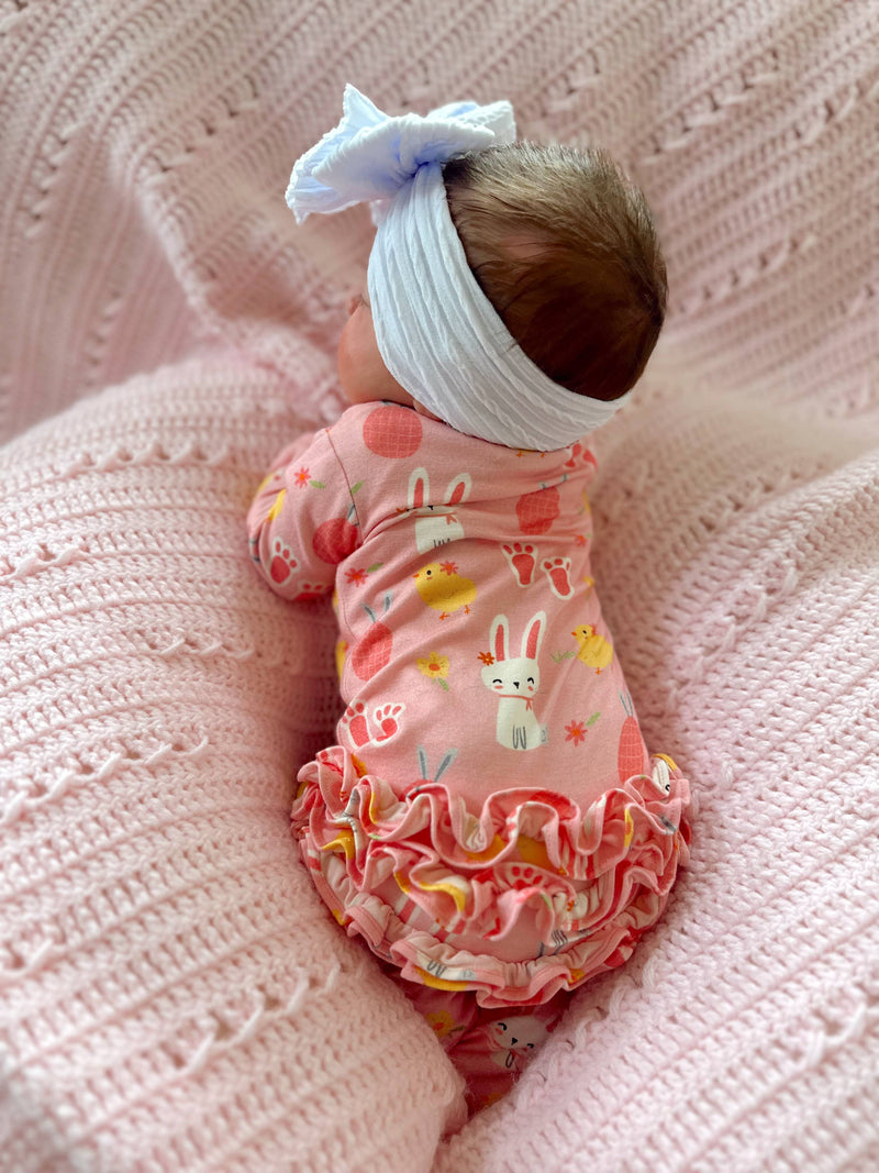 2-Way Ruffle Zip Footie, Pink Easter Bunny