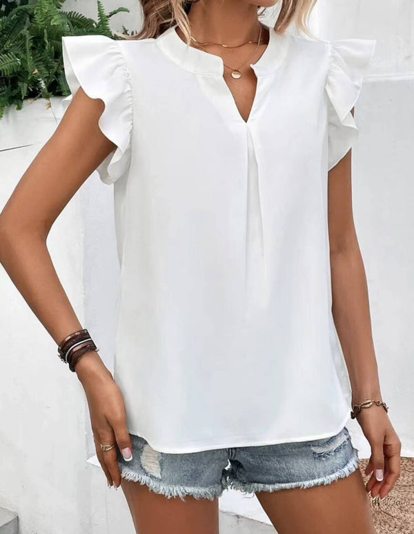 White Ruffled Sleeve V-neck top