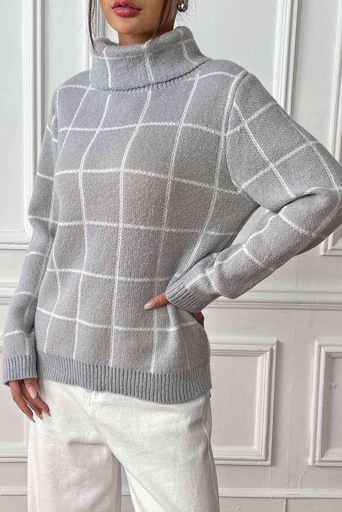 Gray Plaid Knit Turtle Neck Sweater