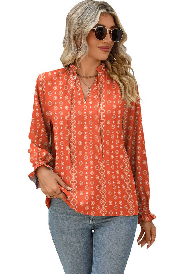 V-NECK TIE LOOSE PRINTED SHIRT TOP: RED