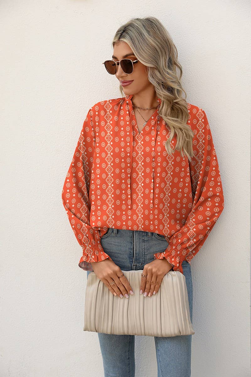 V-NECK TIE LOOSE PRINTED SHIRT TOP: RED