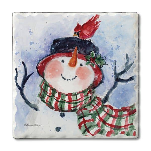 Snowman Green Plaid Single Absorbent Tumbled Tile Coaster