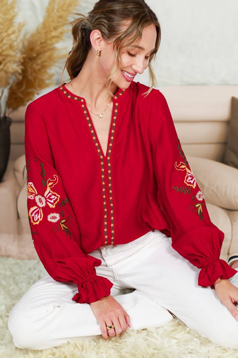 Bohemian Floral Embroidered Round Split Neck Blouse - Rust