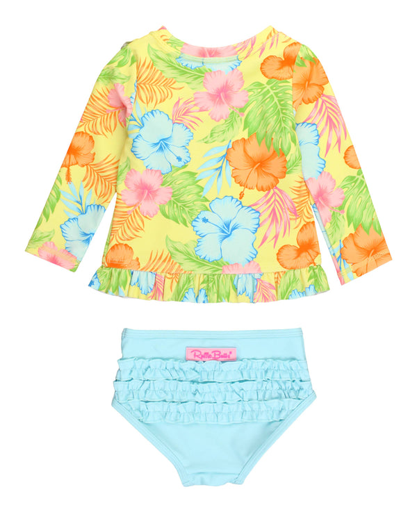Girls Happy Hula Long Sleeve Ruffled Rash Guard 2-Piece: Yellow