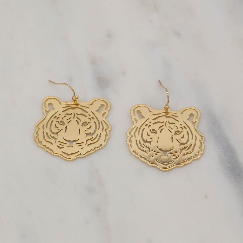 Tiger Face Earrings Gold 1.25”