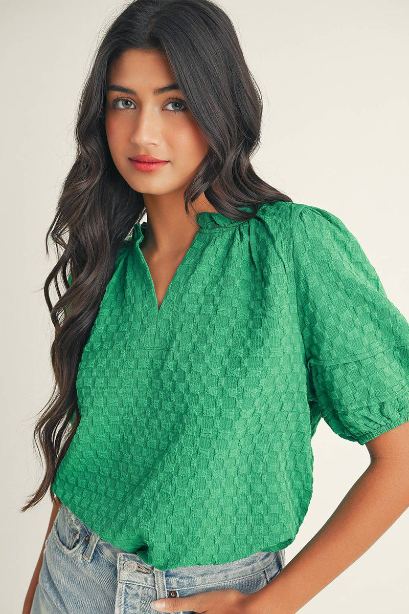 Textured Puff Short Sleeve Notched V Neck Top: Bright Green