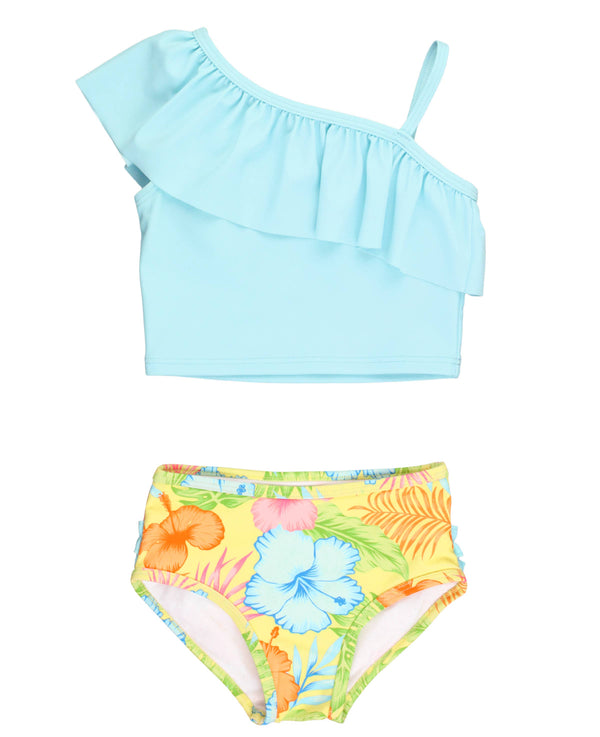 Girls Happy Hula One Shoulder Ruffle Tankini: Yellow