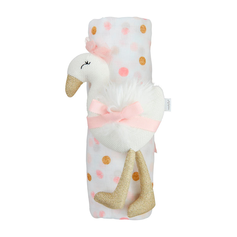 Pink & Gold Dot Swaddle & Swan Rattle