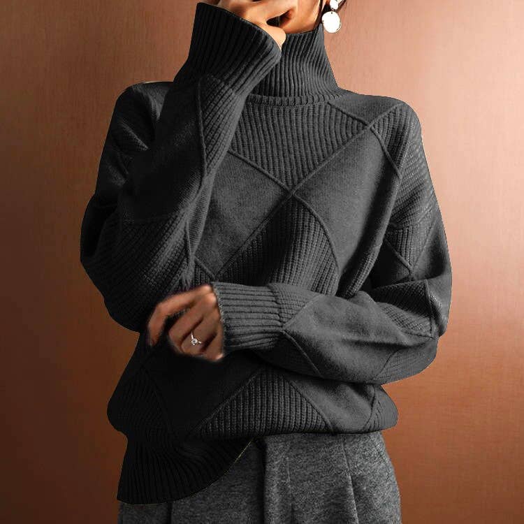 Diamond-Shaped Turtleneck Pullover Knit Top: Black