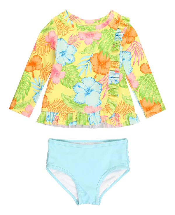 Girls Happy Hula Long Sleeve Ruffled Rash Guard 2-Piece: Yellow