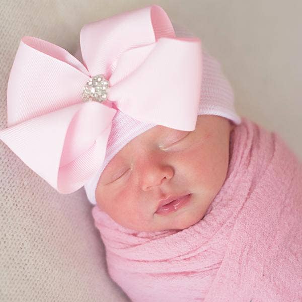BELLA BOW Newborn Girl Bow Hospital Hat - Baby Girl Hat: Newborn / Pink Striped