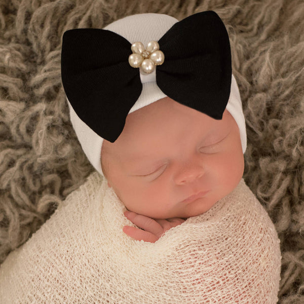 BEA BLACK Bow White Hospital Hat for Newborn Girls