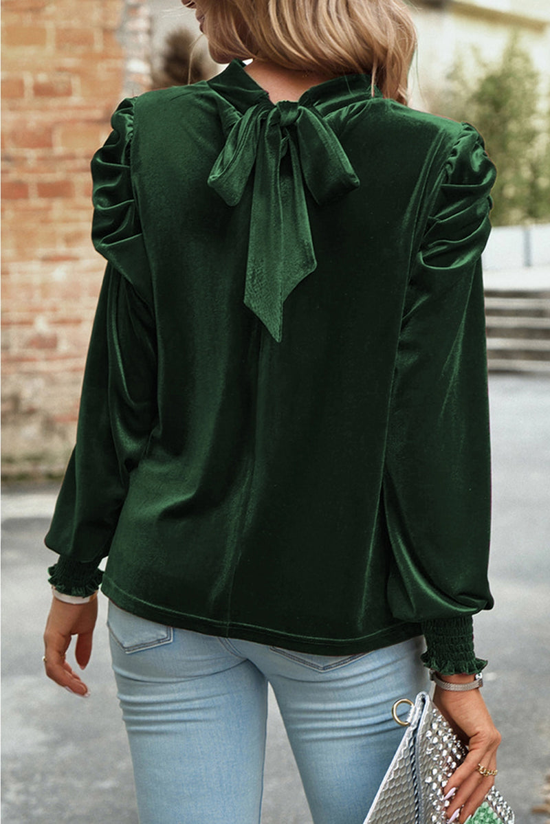 Mock Neck Puff Sleeve Velvet Blouse