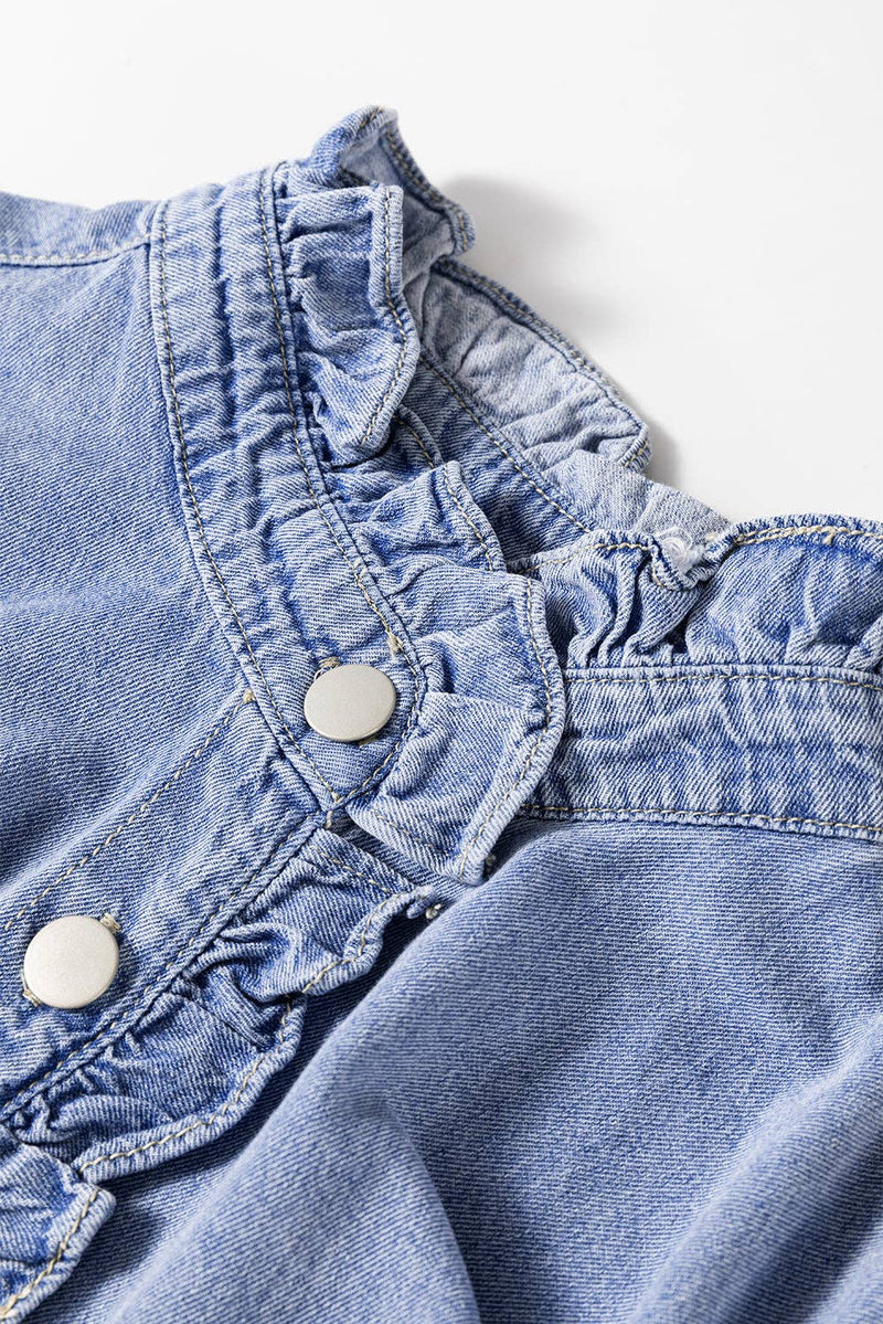 Beau Blue Ruffled Long Sleeve Buttoned Denim Shirt: Beau Blue