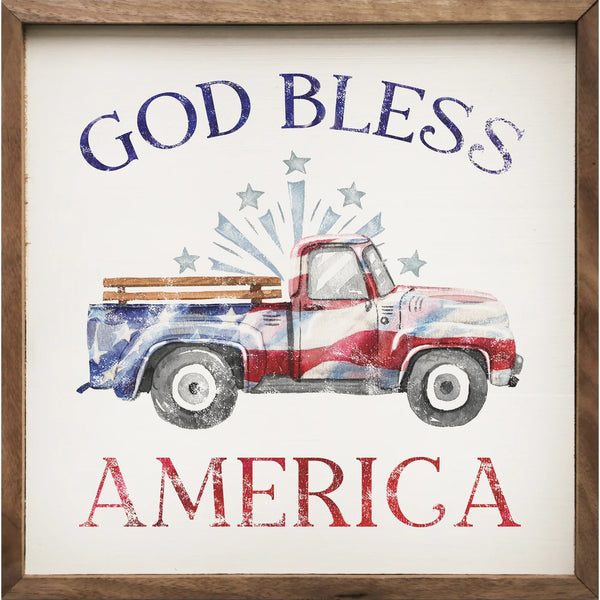 God Bless American Flag Truck White 4x4 Sign