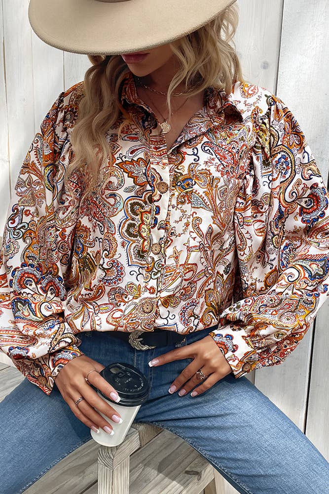 Paisley Floral Printed Button Bubble Sleeves Blouse