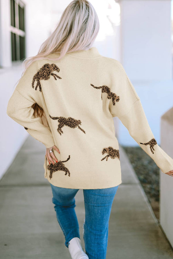 Parchment Lively Cheetah Print High Neck Split Hem Sweater