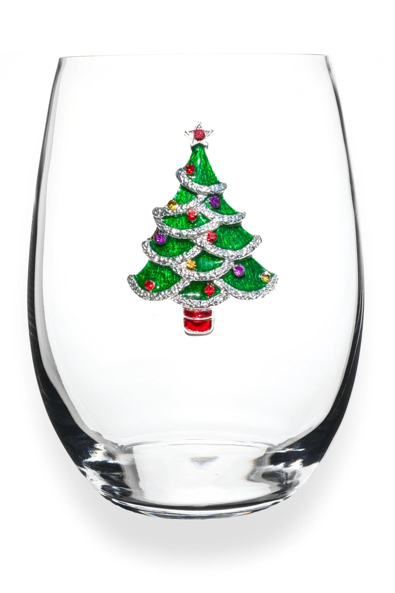 Christmas Tree Jeweled Stemless Wine Glass