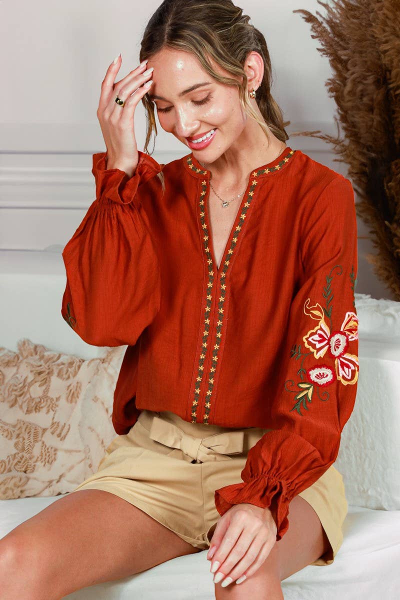Bohemian Floral Embroidered Round Split Neck Blouse - Rust