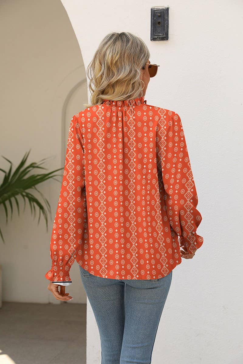 V-NECK TIE LOOSE PRINTED SHIRT TOP: RED