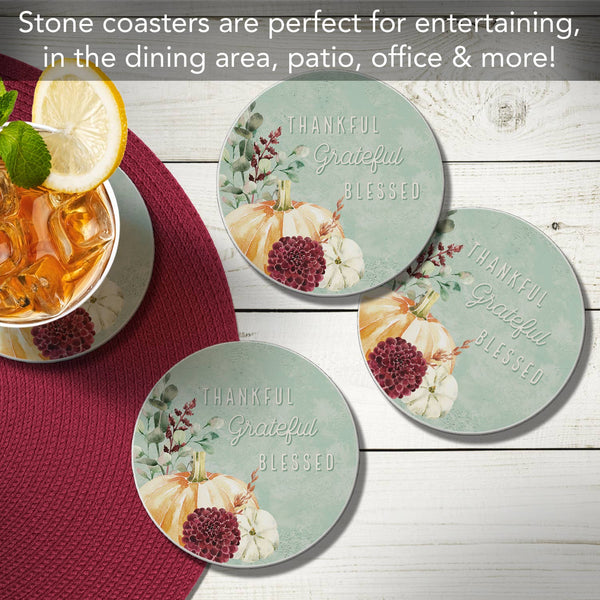 "Thankful" 4 Pack Round Absorbent Stone Coasters