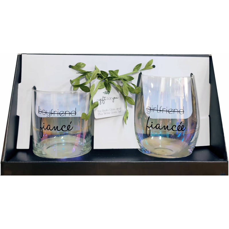 Fiancé/Fiancée - 11 oz Rocks & 18 oz Stemless Wine Glass Set