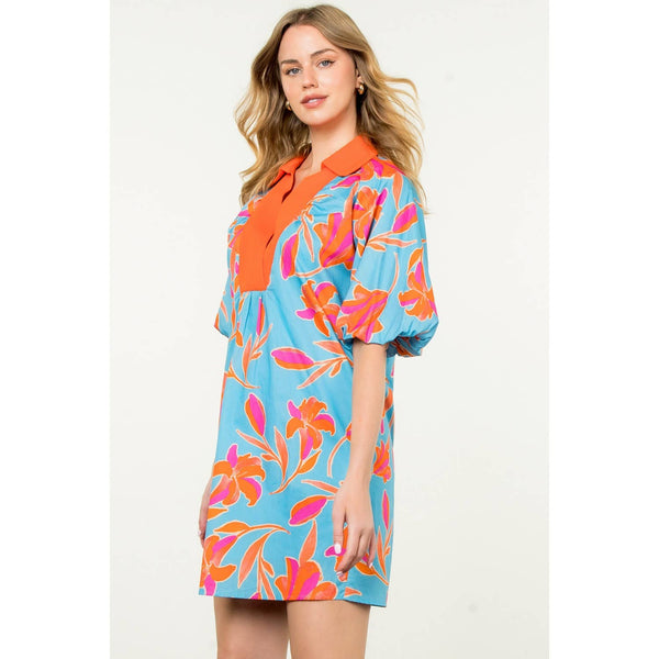 Puff Sleeve Flower Print Dress: Blue