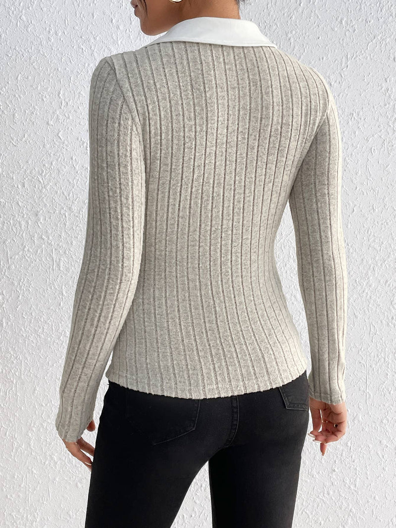 V-neck knit long sleeve knit top: Grey