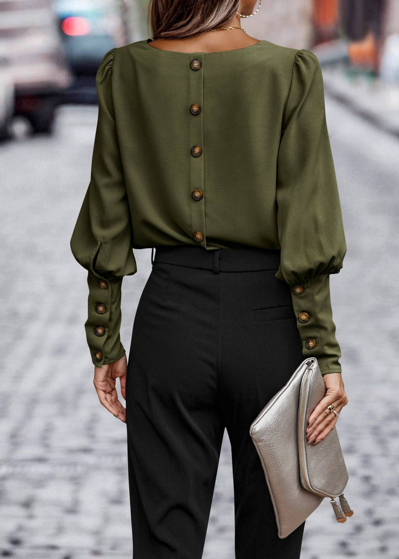 Olive Button Detail Bishop Long Sleeve Blouse