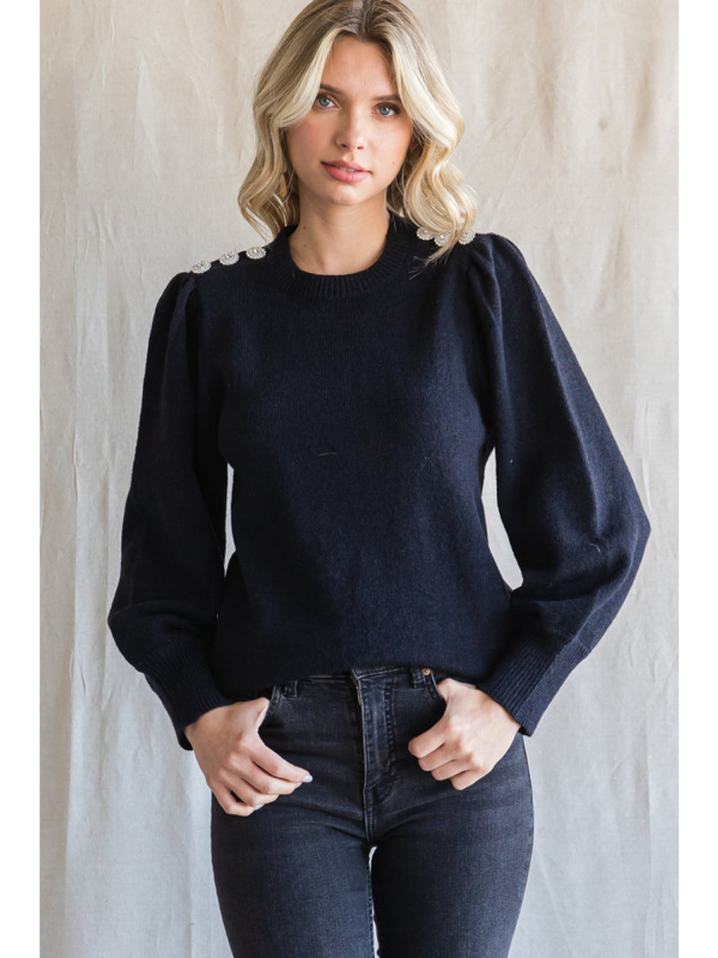 Black Sweater with Crystal Button Detail