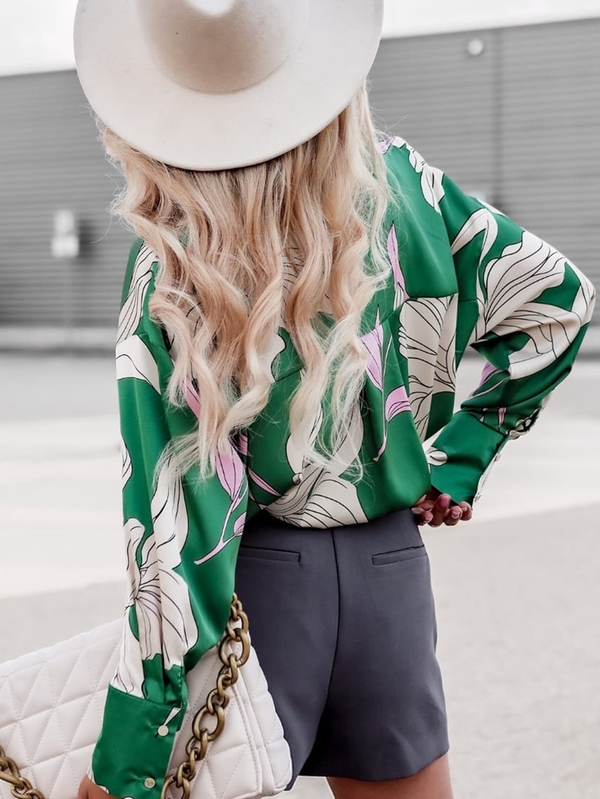 Green Printed Elegant Professional Long Sleeve Shirt