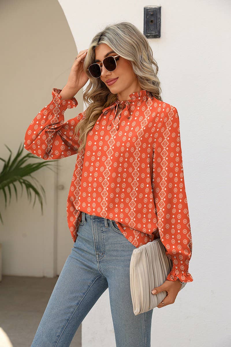 V-NECK TIE LOOSE PRINTED SHIRT TOP: RED