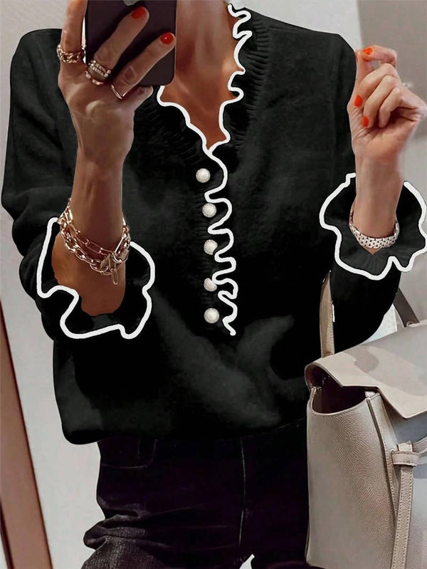 Ruffle Knit Contrast Trim V-Neck Sweater: Black