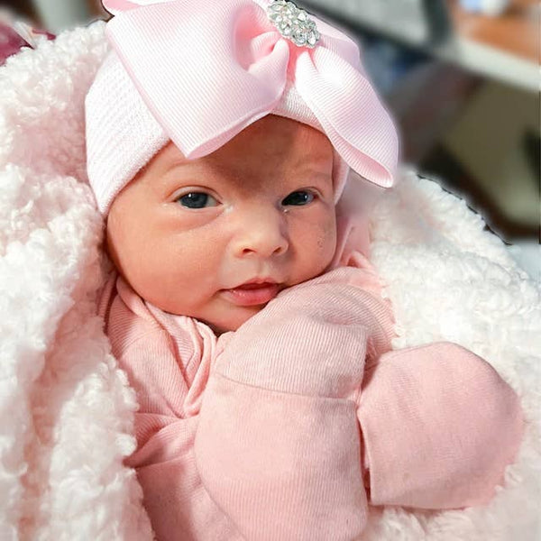 BELLA BOW Newborn Girl Bow Hospital Hat - Baby Girl Hat: Newborn / Pink Striped