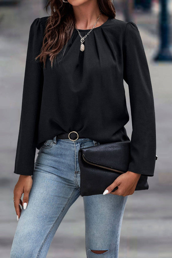 Black Pleated Puff Shoulder Long Sleeve Blouse