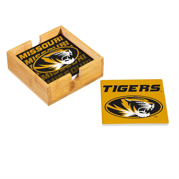 University of Missouri Ceramic Coasters Set of 4 With Wood Caddy