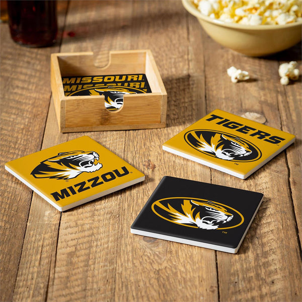 University of Missouri Ceramic Coasters Set of 4 With Wood Caddy