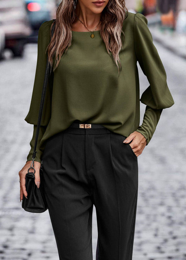 Olive Button Detail Bishop Long Sleeve Blouse