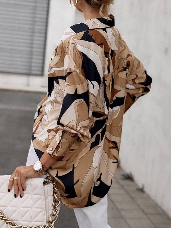 Long Sleeves Loose Buttoned Printed Lapel Blouse