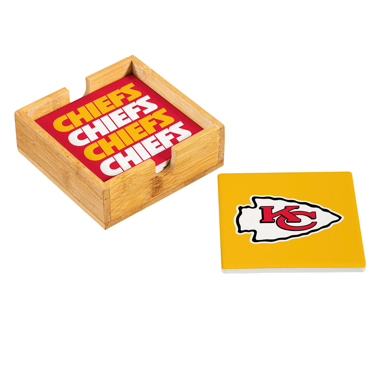 Kansas City Chiefs Ceramic Coasters Set of 4 With Wood Caddy