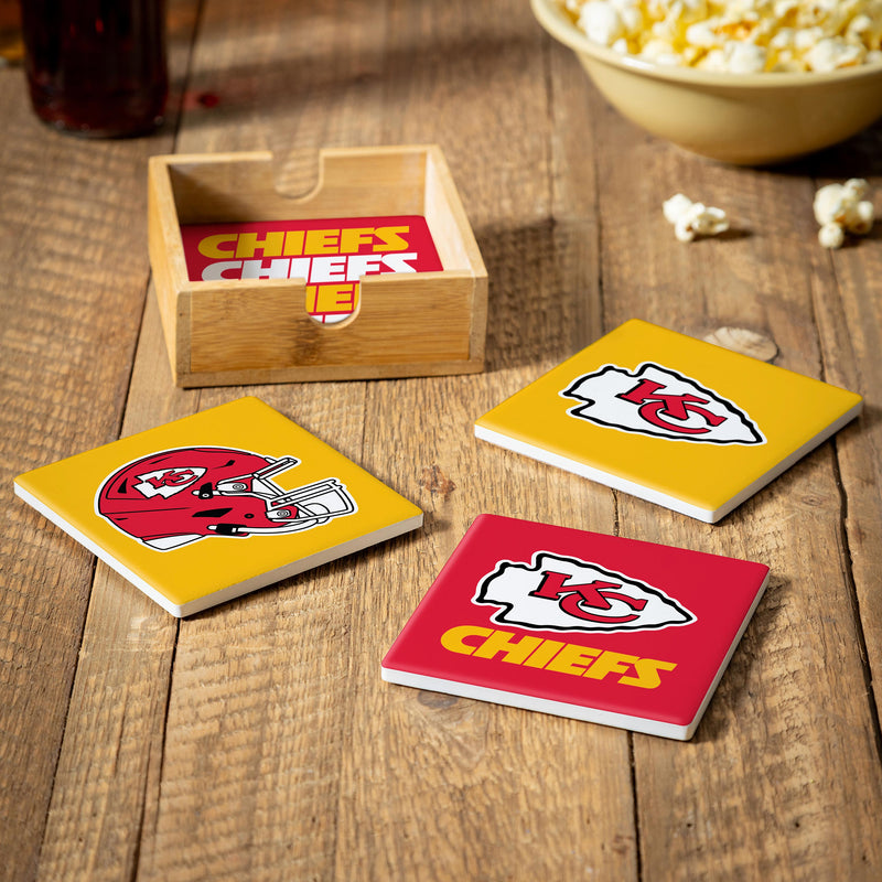 Kansas City Chiefs Ceramic Coasters Set of 4 With Wood Caddy