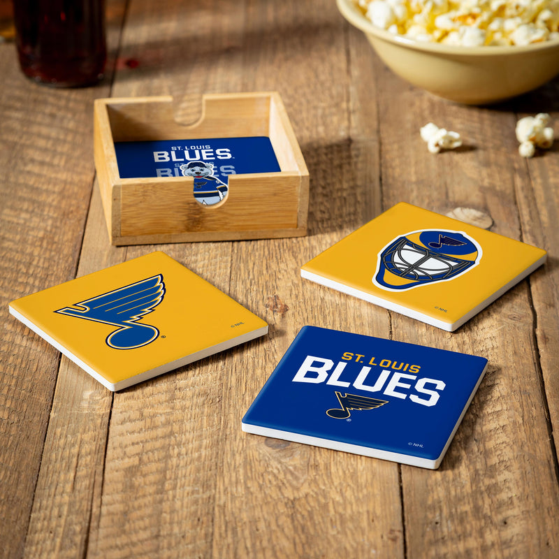 St. Louis Blues Ceramic Coasters Set of 4 With Wood Caddy