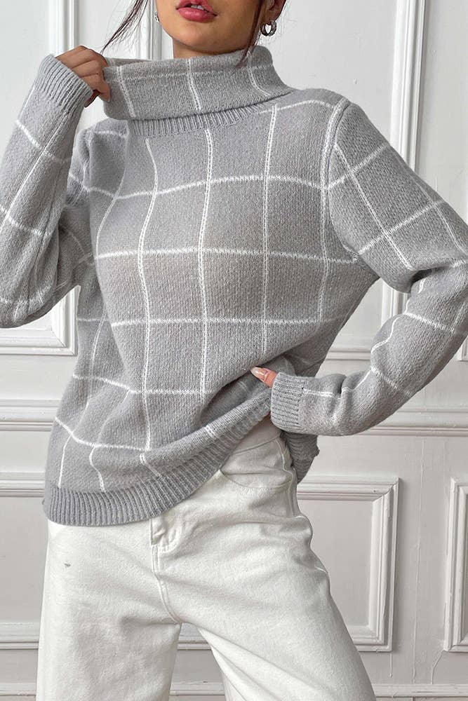 Gray Plaid Knit Turtle Neck Sweater