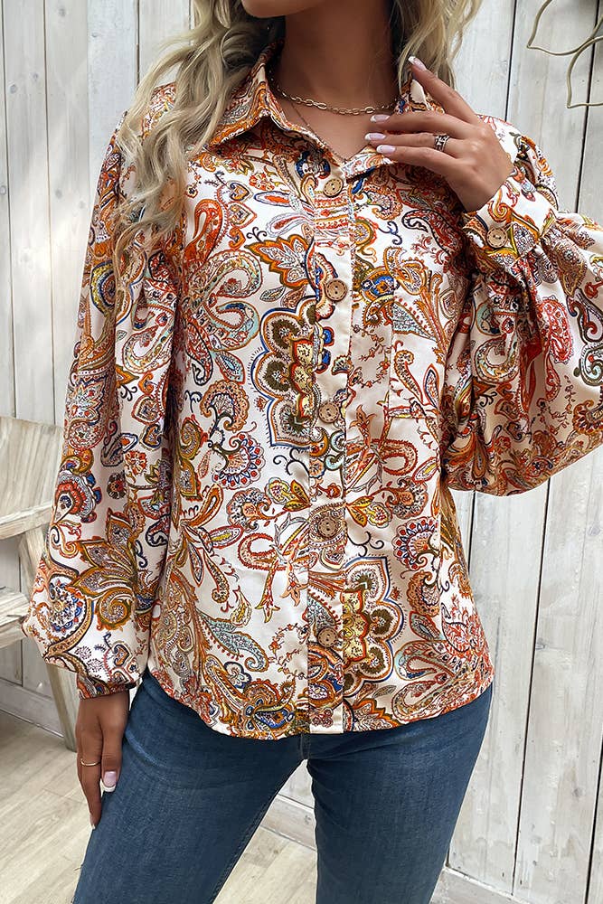 Paisley Floral Printed Button Bubble Sleeves Blouse