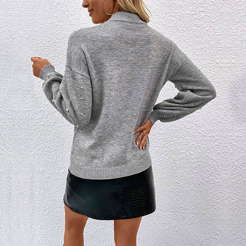 GREY MID-NECK STUDDED BEADED PUFFY SLEEVE SWEATER