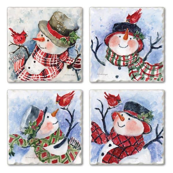 Watercolor Snowman Assorted Image Tumbled Tile Coaster 4 Pk