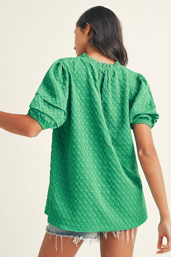 Textured Puff Short Sleeve Notched V Neck Top: Bright Green