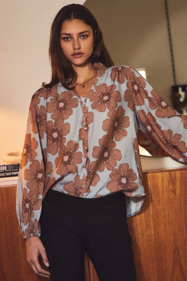 Light Blue Floral-printed Woven Blouse